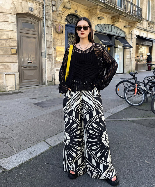 NUUUII 100% Cotton Ethnic Pattern Geometric Dobby Weave Wide Pants Ladies