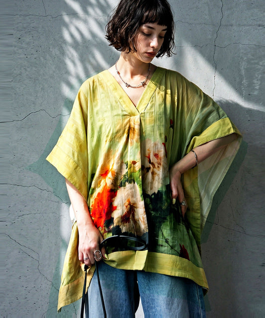 NUUUII 100% Cotton Art Print Floral Wide Silhouette Blouse Ladies