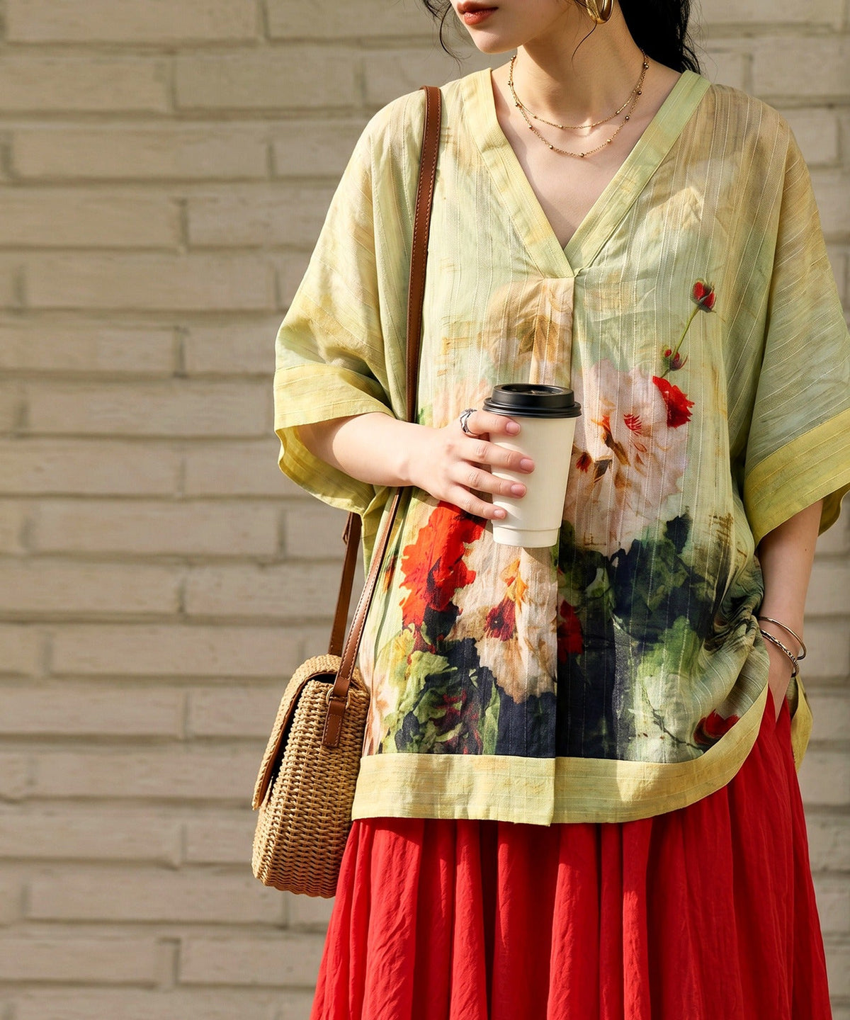 NUUUII 100% Cotton Art Print Floral Wide Silhouette Blouse Ladies