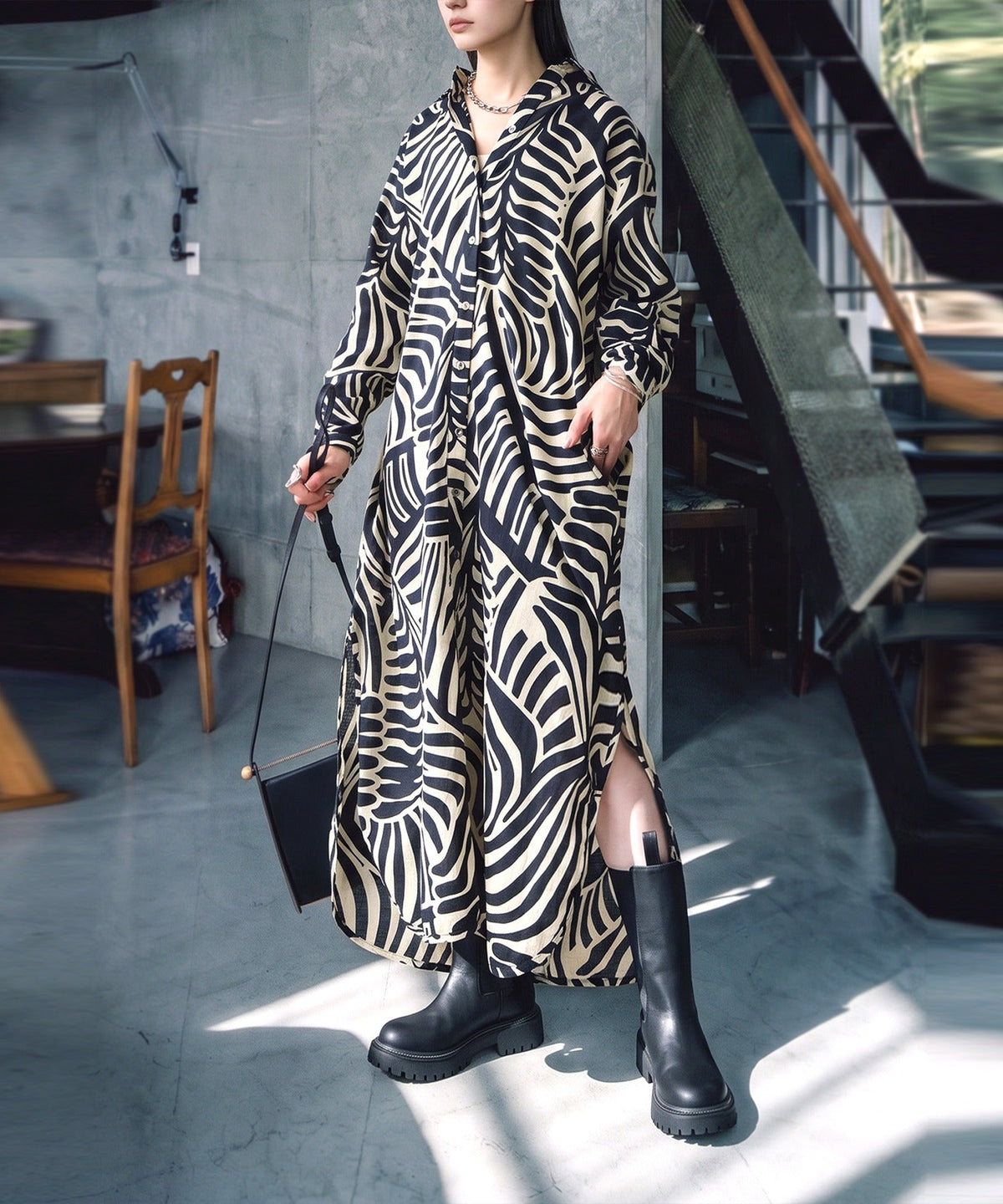 NUUUII Leaf Pattern 100% Cotton Shirt Dress Ladies
