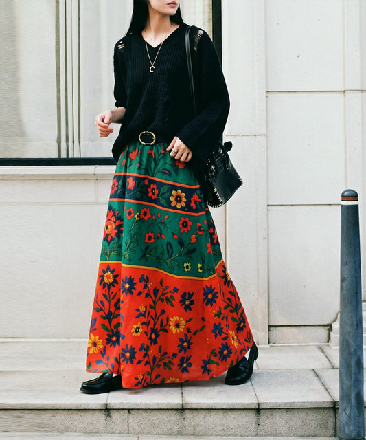 NUUUII Botanical Print Floral Flared Long Skirt Ladies