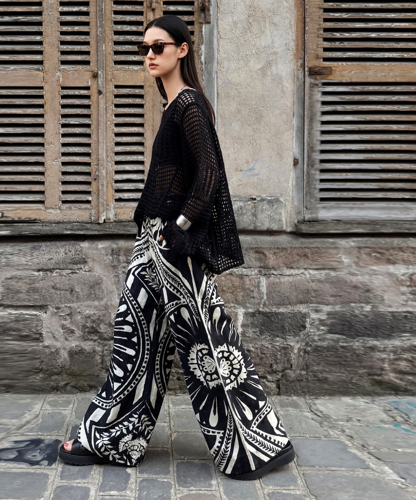 NUUUII 100% Cotton Ethnic Pattern Geometric Dobby Weave Wide Pants Ladies
