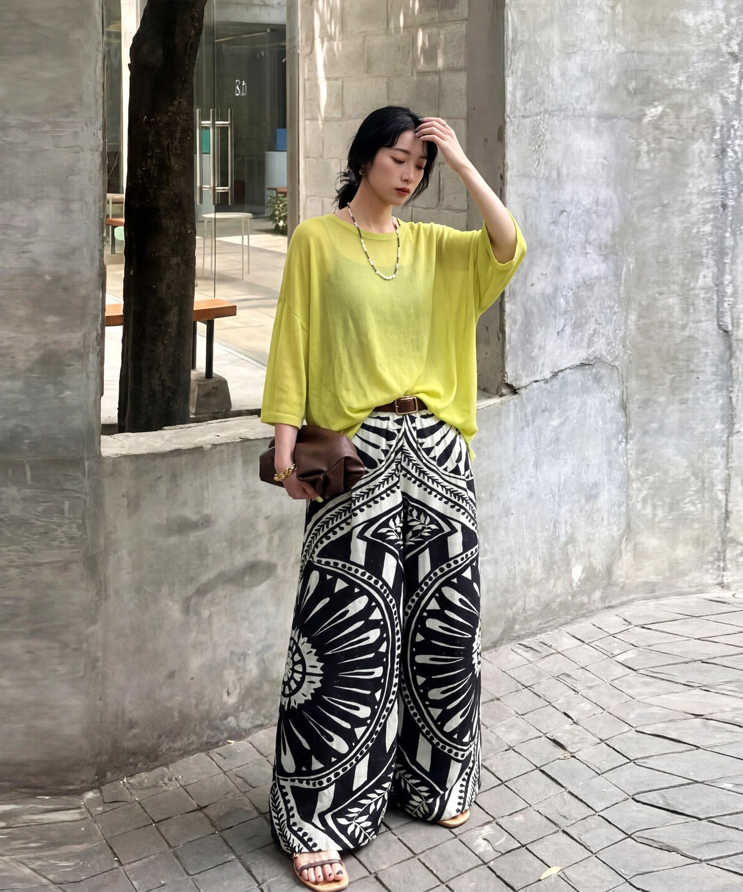 NUUUII 100% Cotton Ethnic Pattern Geometric Dobby Weave Wide Pants Ladies