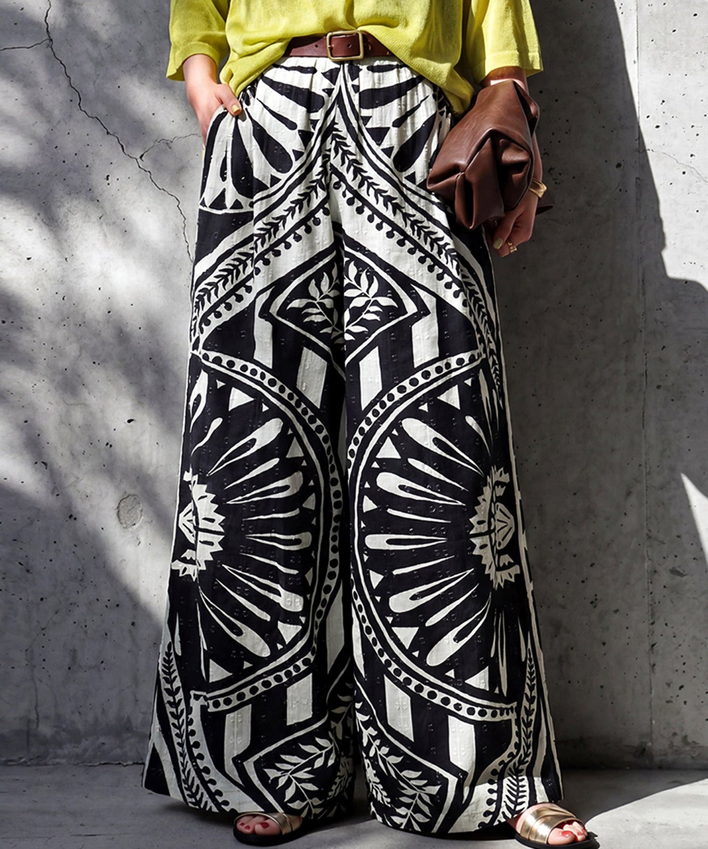NUUUII 100% Cotton Ethnic Pattern Geometric Dobby Weave Wide Pants Ladies