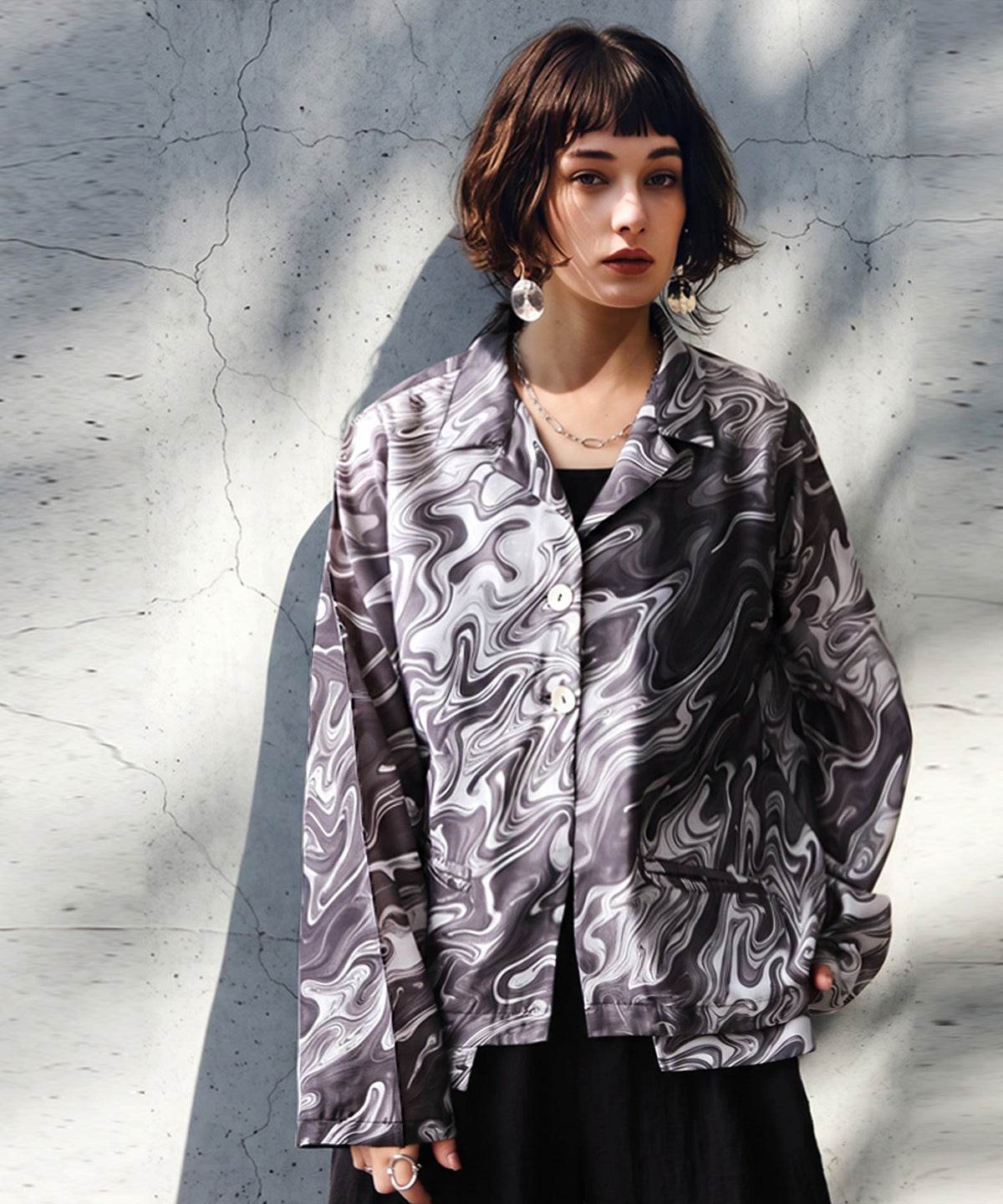 NUUUII Marble Pattern Open Collar Shirt Jacket Ladies