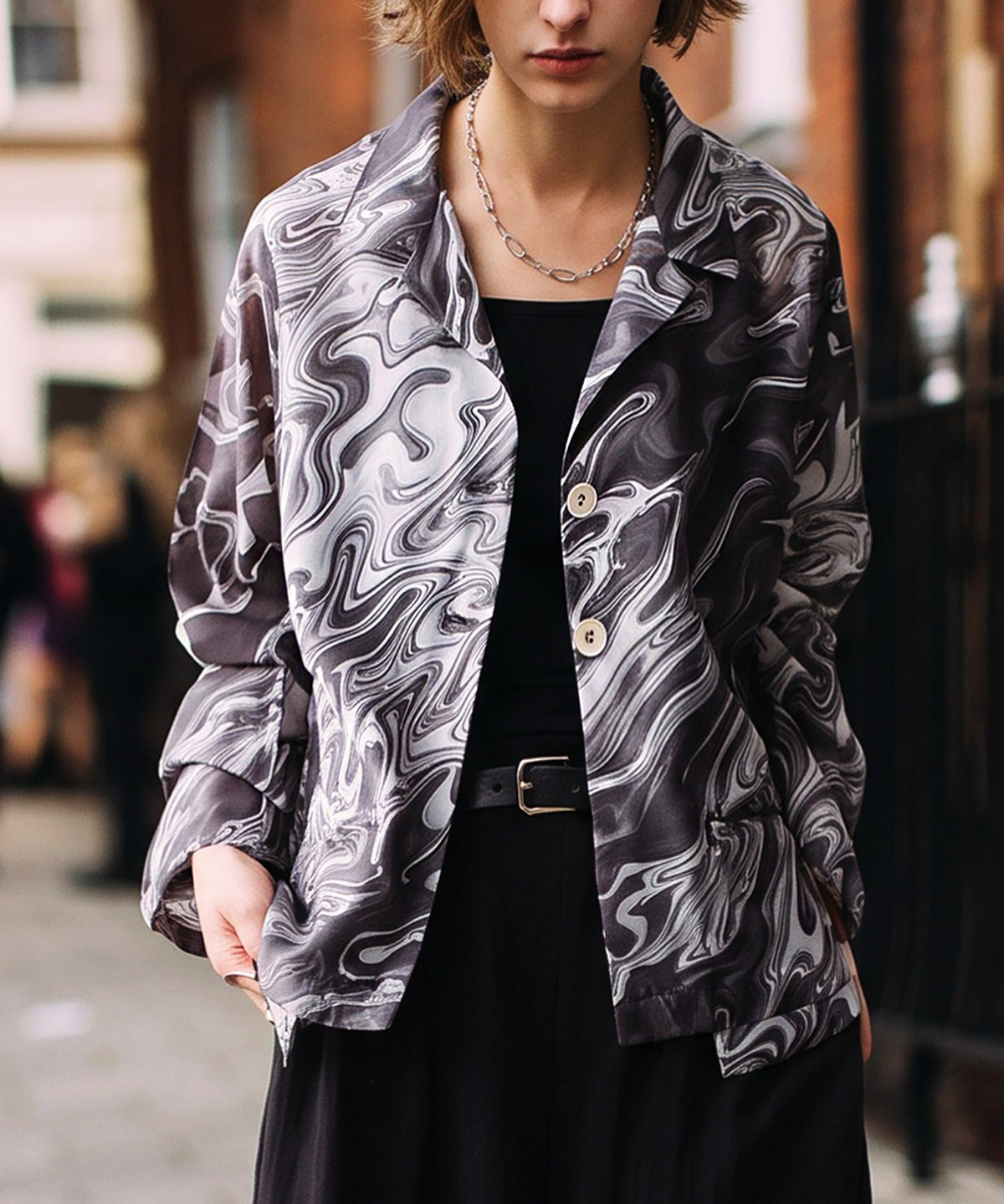 NUUUII Marble Pattern Open Collar Shirt Jacket Ladies