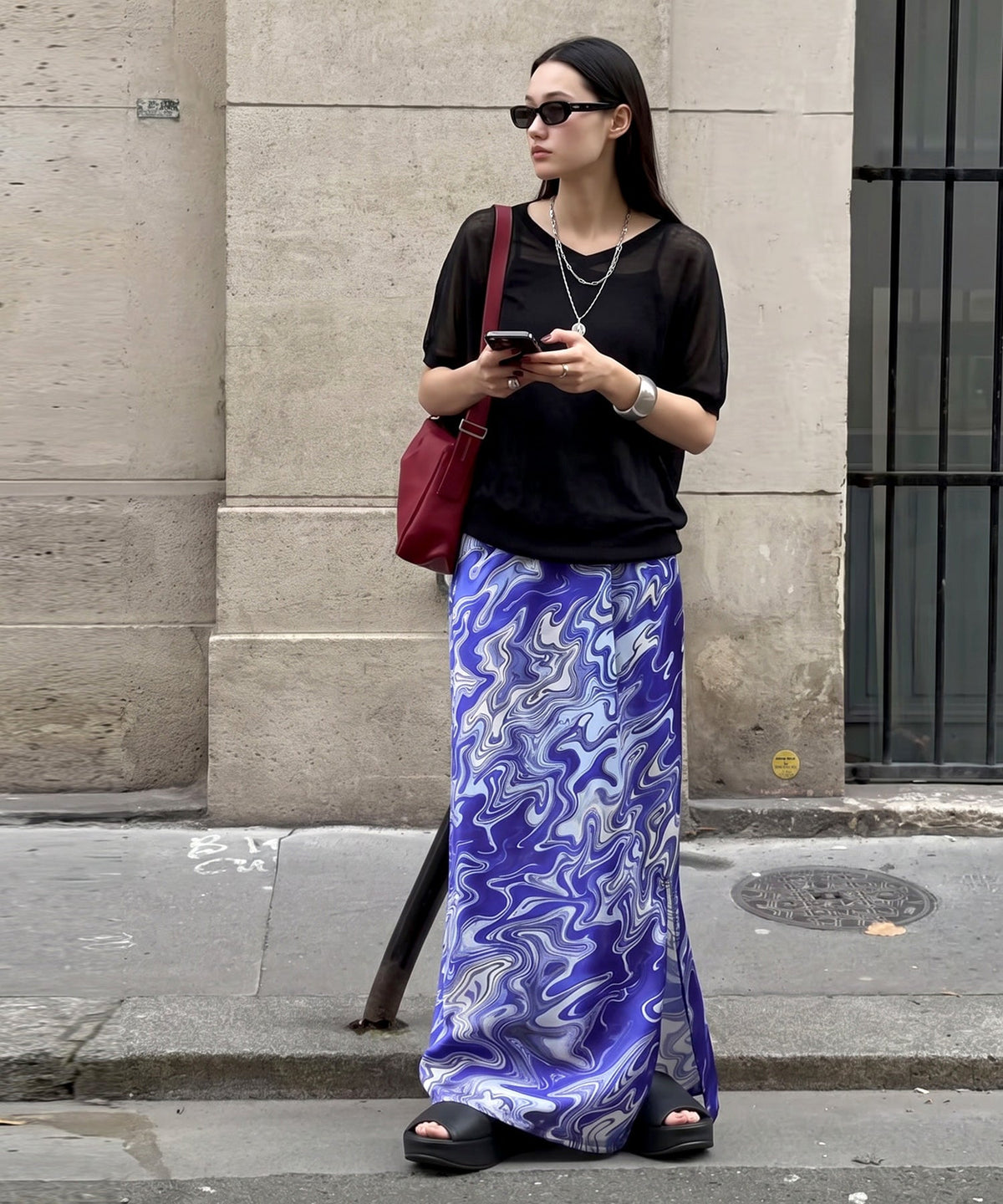 NUUUII Marble Pattern Slit Long Skirt Ladies