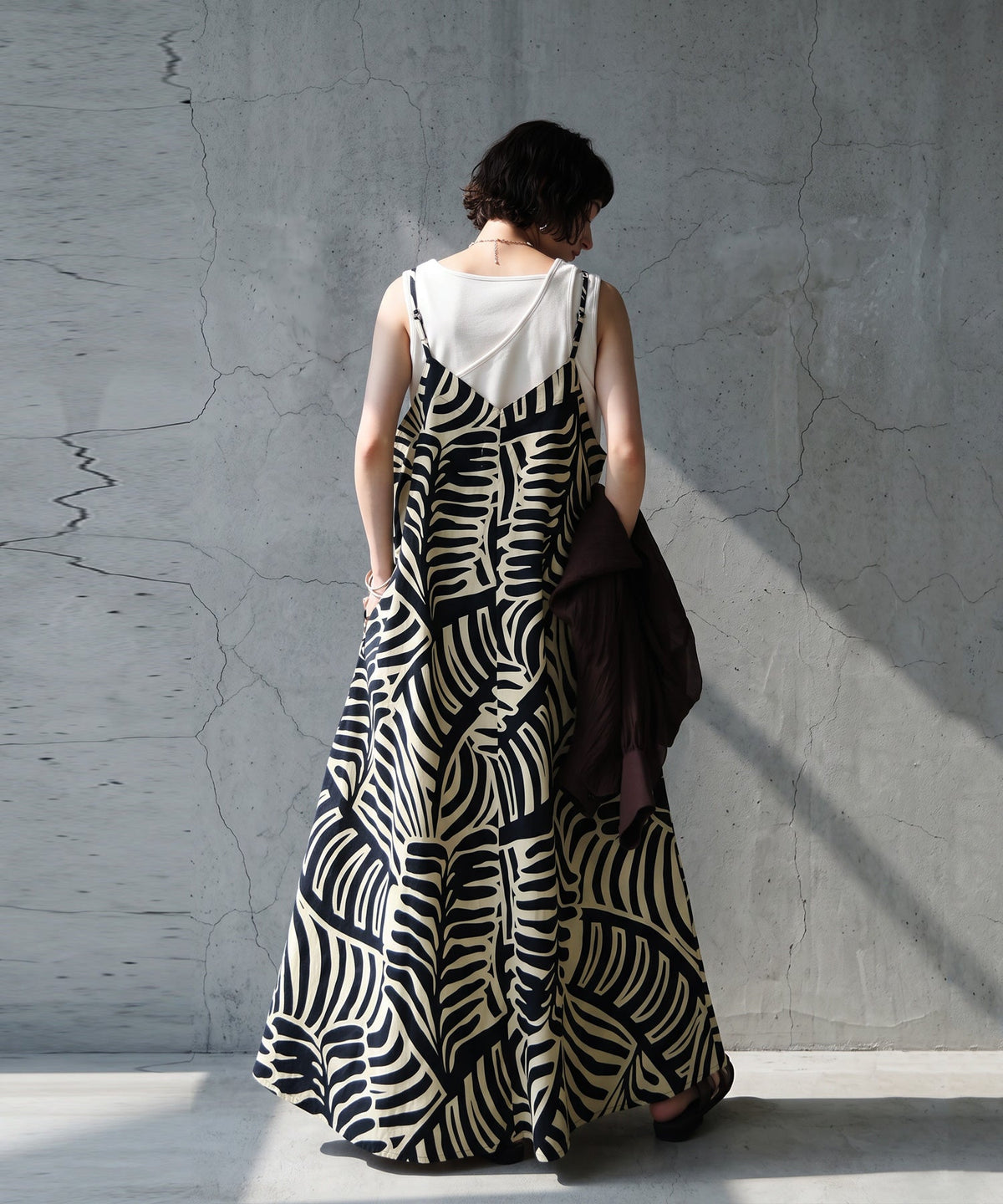NUUUII Leaf Print Zebra Print Cotton Linen Flared Camisole Dress Ladies