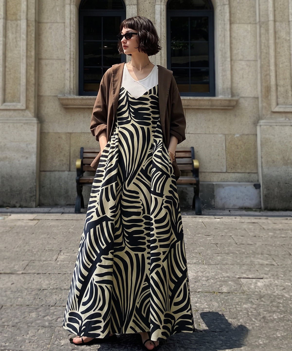 NUUUII Leaf Print Zebra Print Cotton Linen Flared Camisole Dress Ladies