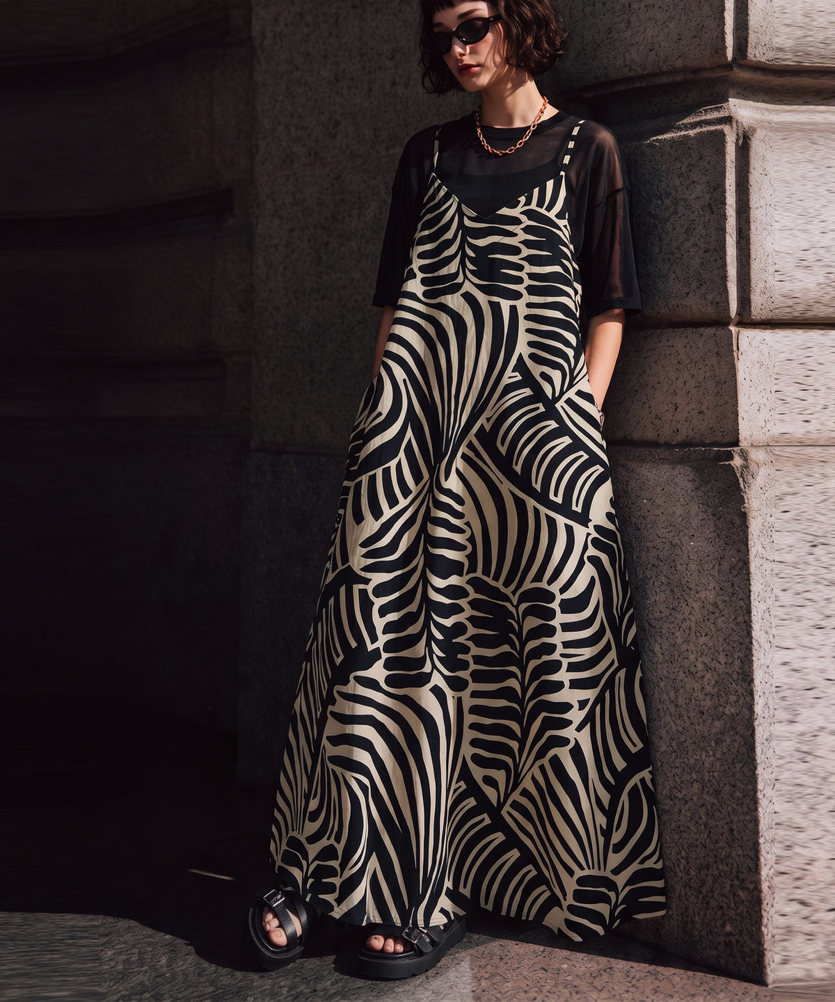 NUUUII Leaf Print Zebra Print Cotton Linen Flared Camisole Dress Ladies