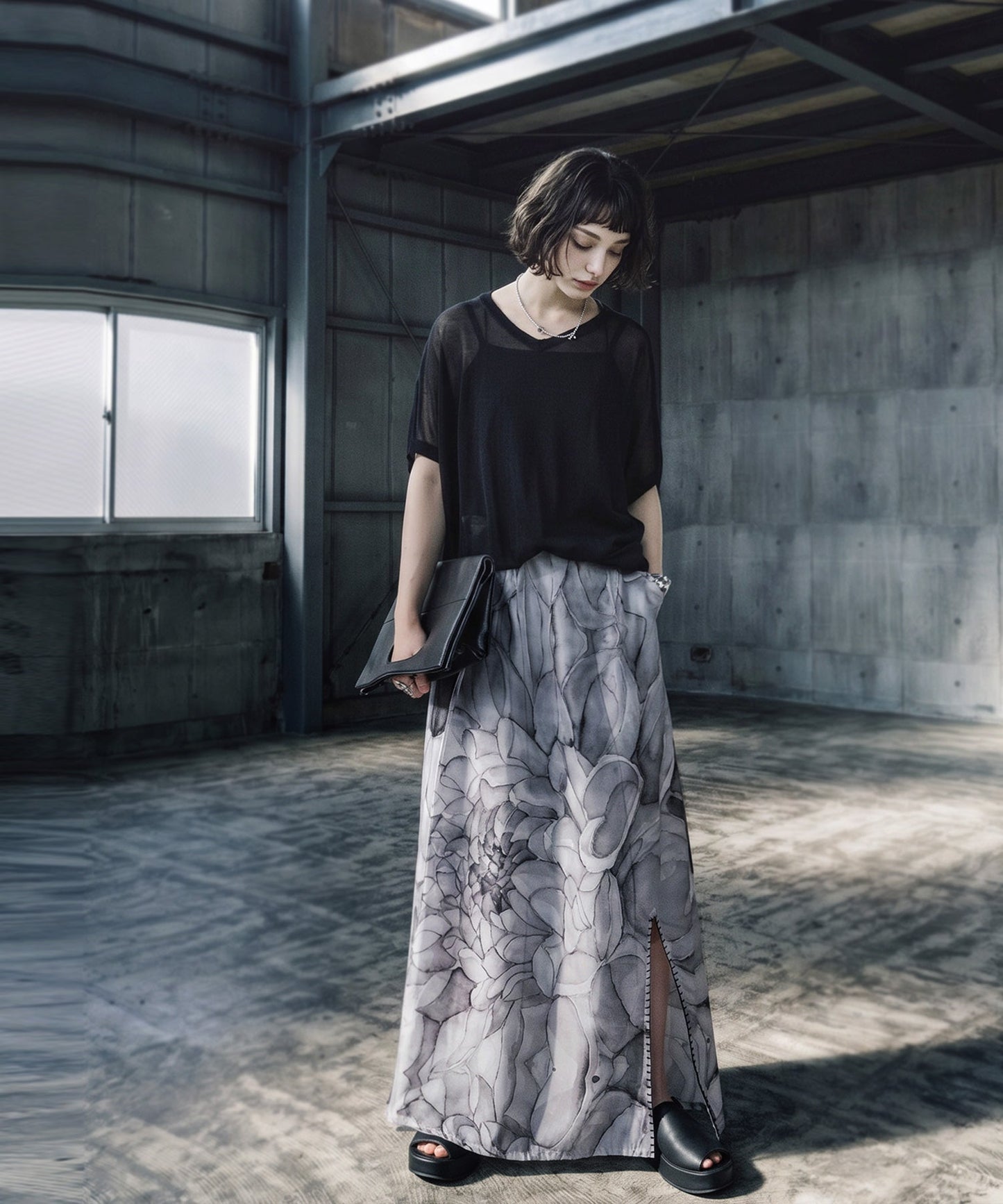 NUUUII Watercolor Floral Print Long Skirt With Front Slit Ladies
